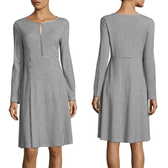 Max Mara Weekend Urbana Flare Dress Grey Gingham Check Plaid Keyhole Long Sleeve - Picture 1 of 10